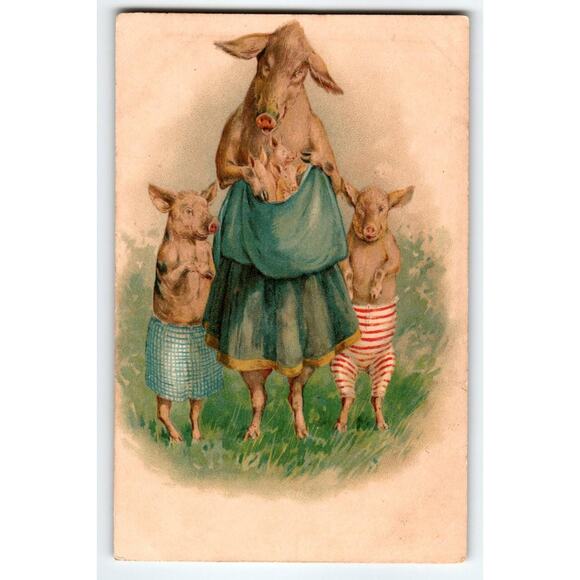 Dressed Pigs Fantasy Anthropomorphic Postcard Piglets In Moms Apron Germany - Picture 1 of 2